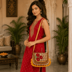 a woman in ared kurta set holding a yellow Nomad Banjara Embroidered Sling Purse