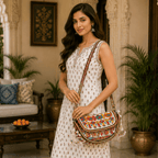 a woman in a white kurta set holding a white Nomad Banjara Embroidered Sling Purse
