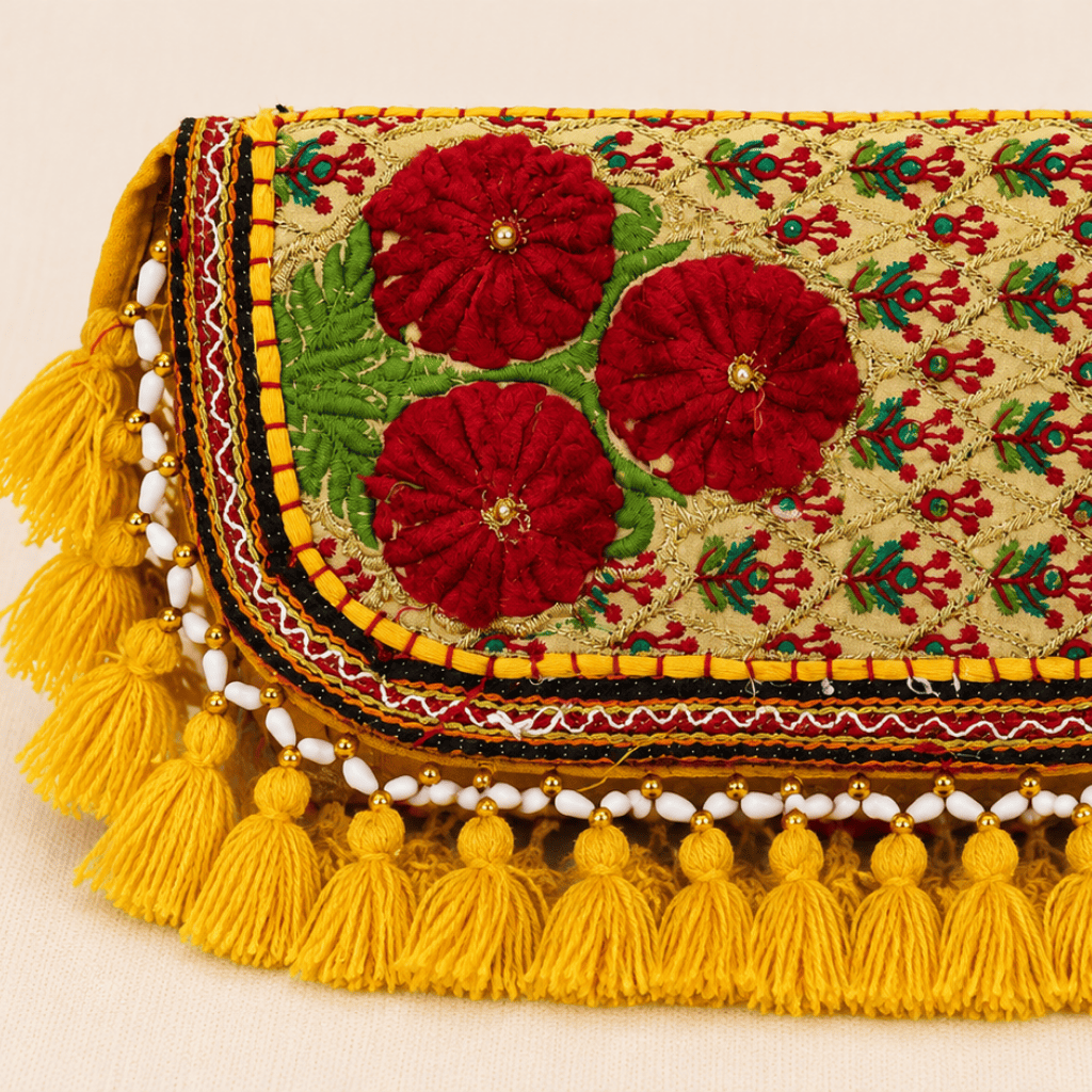 close up of yellow Nomad Banjara Embroidered Sling Purse