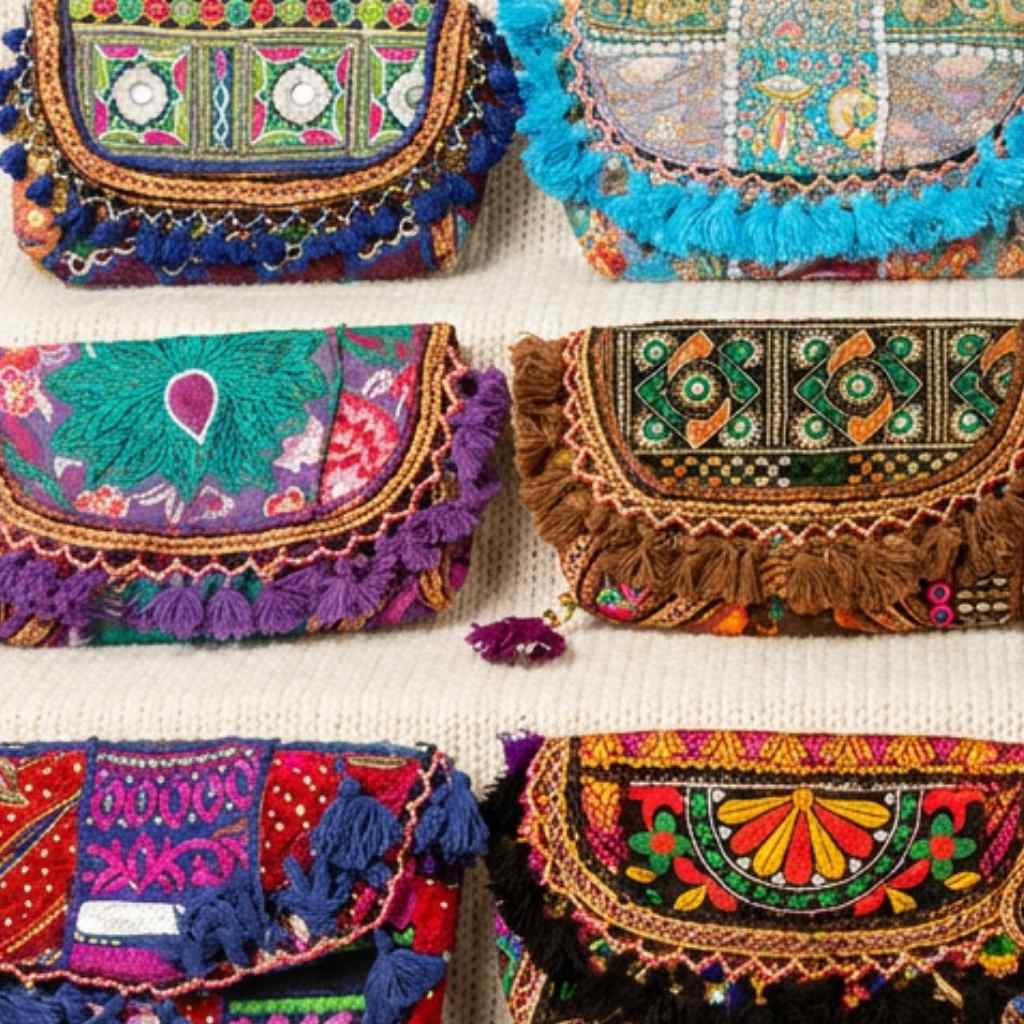 Colorful embroidered handbags with intricate patterns on a textured surface