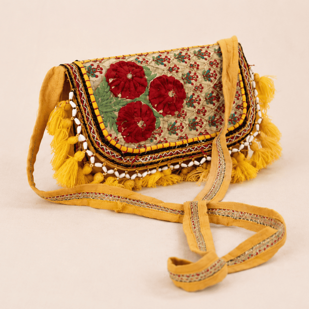 a yellow Nomad Banjara Embroidered Sling Purse