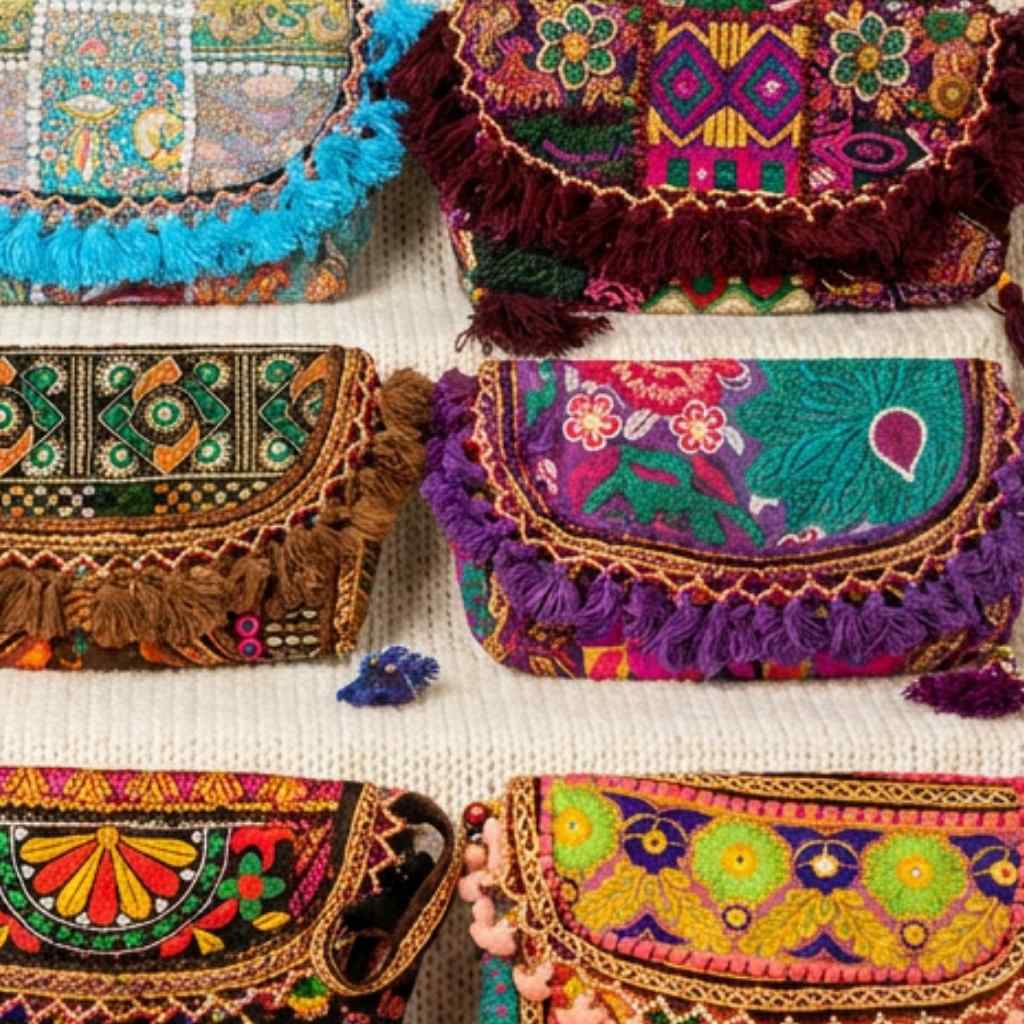 Collection of colorful embroidered handbags on a textured surface