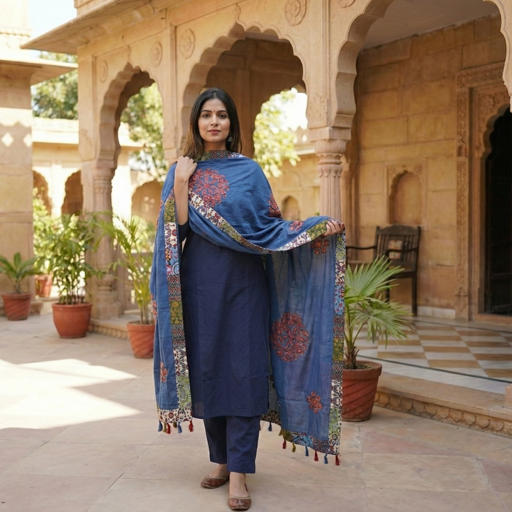 Woman in a blue traditional outfit with a matching dupatta in an outdoor setting with architectural elements.