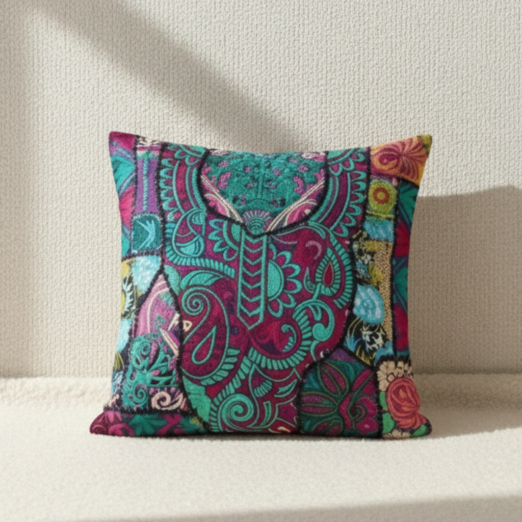 Colorful patterned pillow on a neutral background