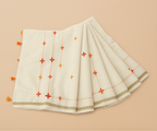 Off-White saree with red and orange patterns 