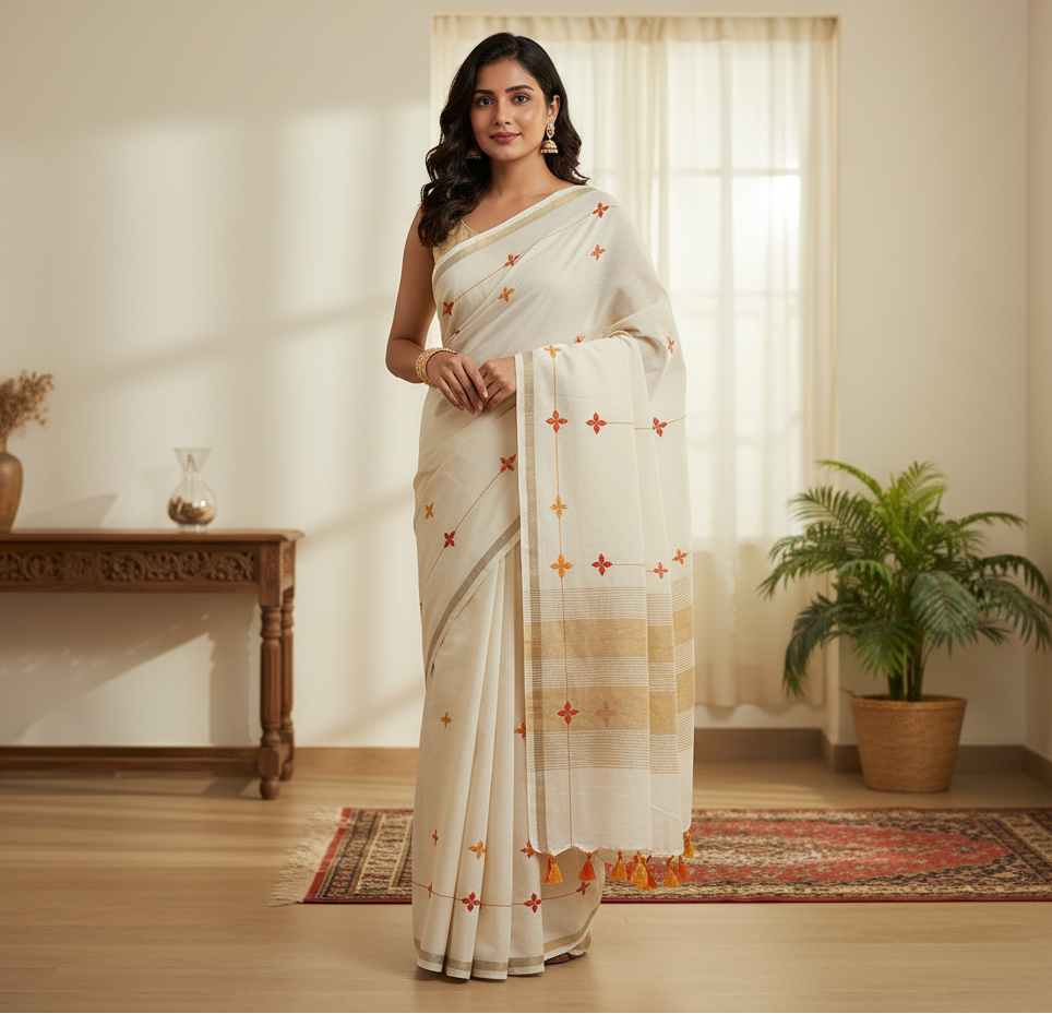 Woman in a white saree with red and orange patterns standing in a well-lit room.