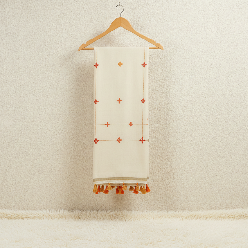 Off White Ethnic Tassel Embroidery Saree