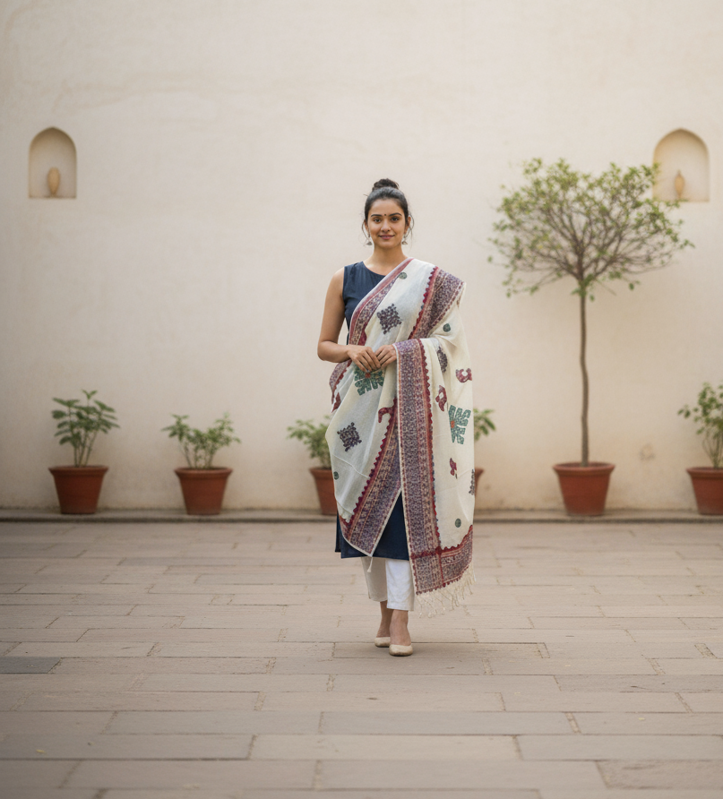 Woman holding a patterned scarf in an outdoor setting with plants and a light-colored wall.