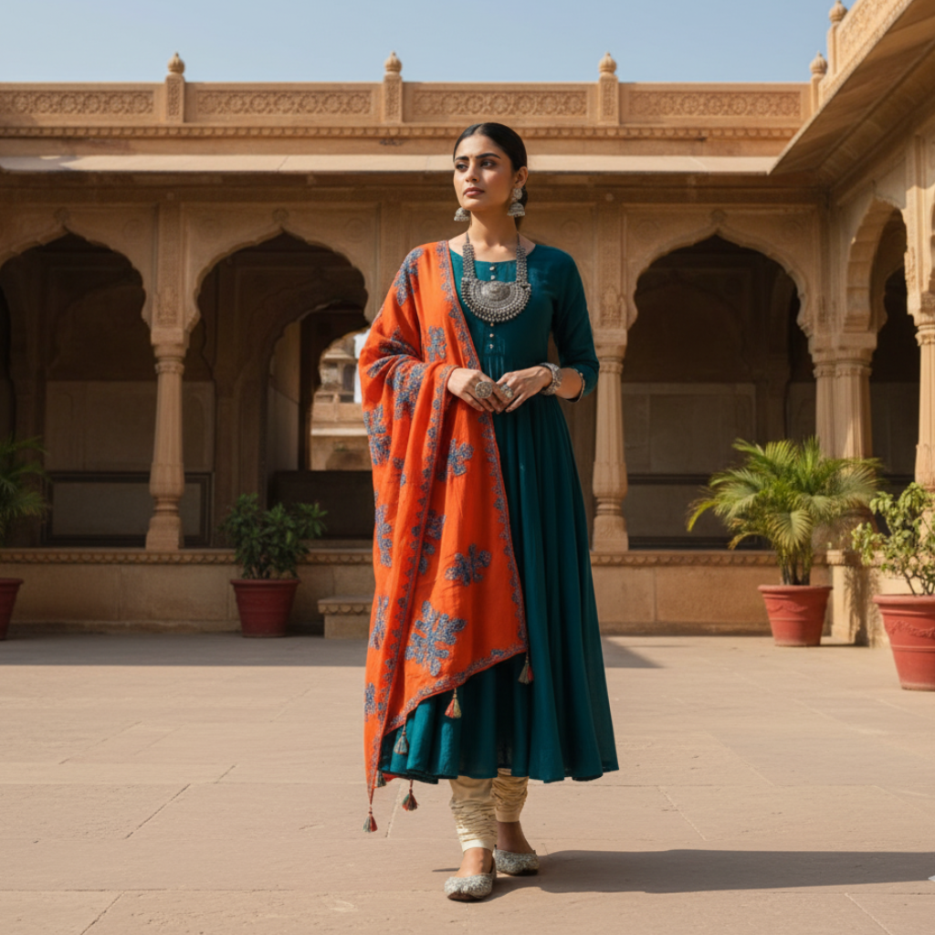 Woman in traditional attire with an orange applique work dupatta standing in front of an architectural structure with arches and plants.