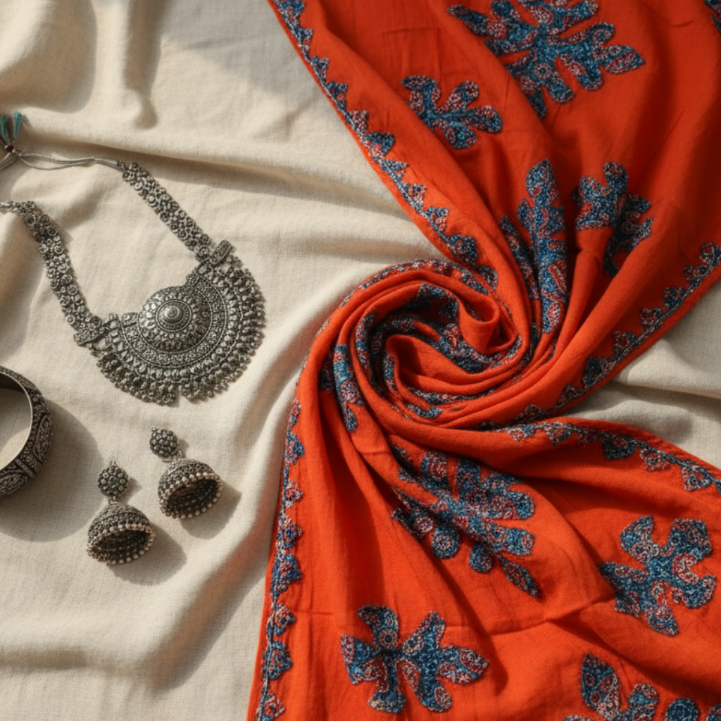 Orange fabric with blue embroidery and silver jewelry on a beige surface