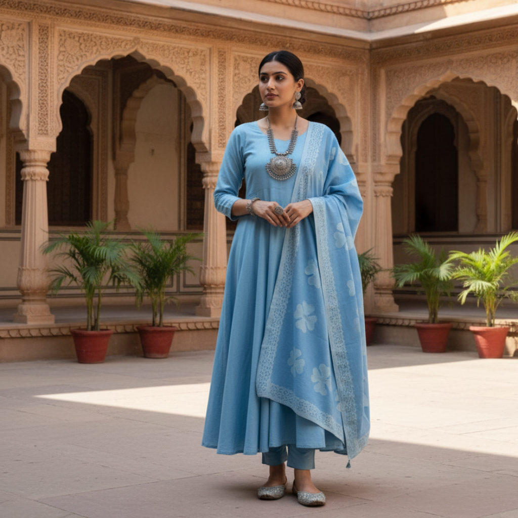Woman in a blue traditional outfit carrying a blue applique dupatta 
