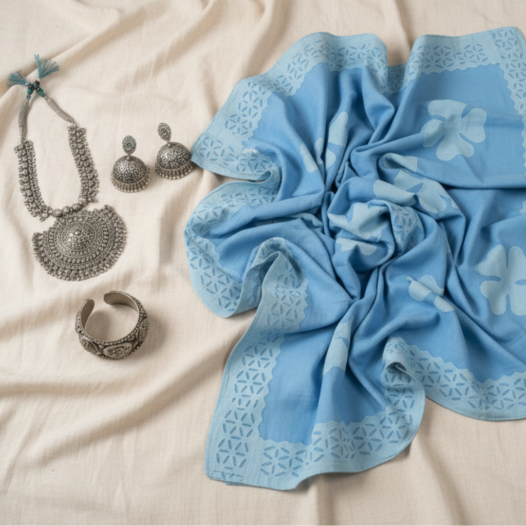 Blue patterned fabric with silver jewelry on a beige surface
