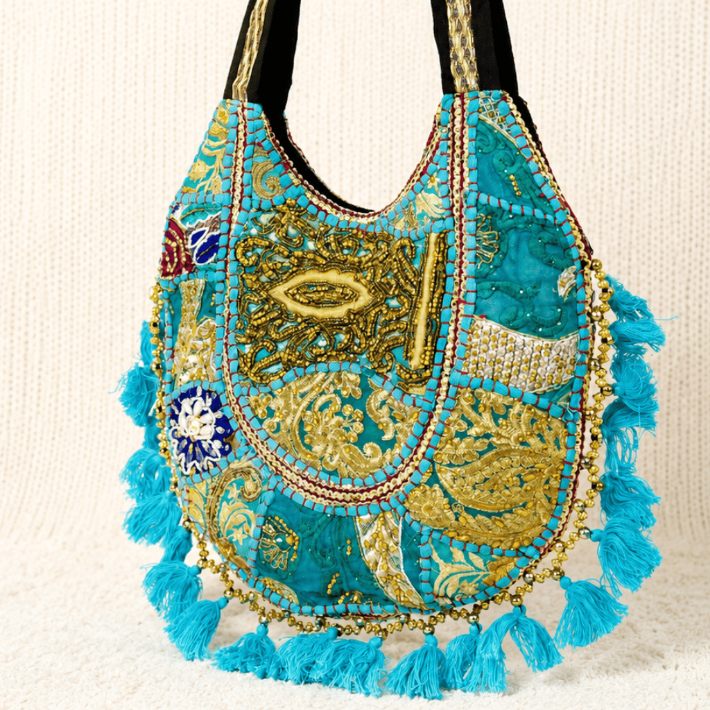 side view of Pastel Blue Zari Embroidered Tote Bag 