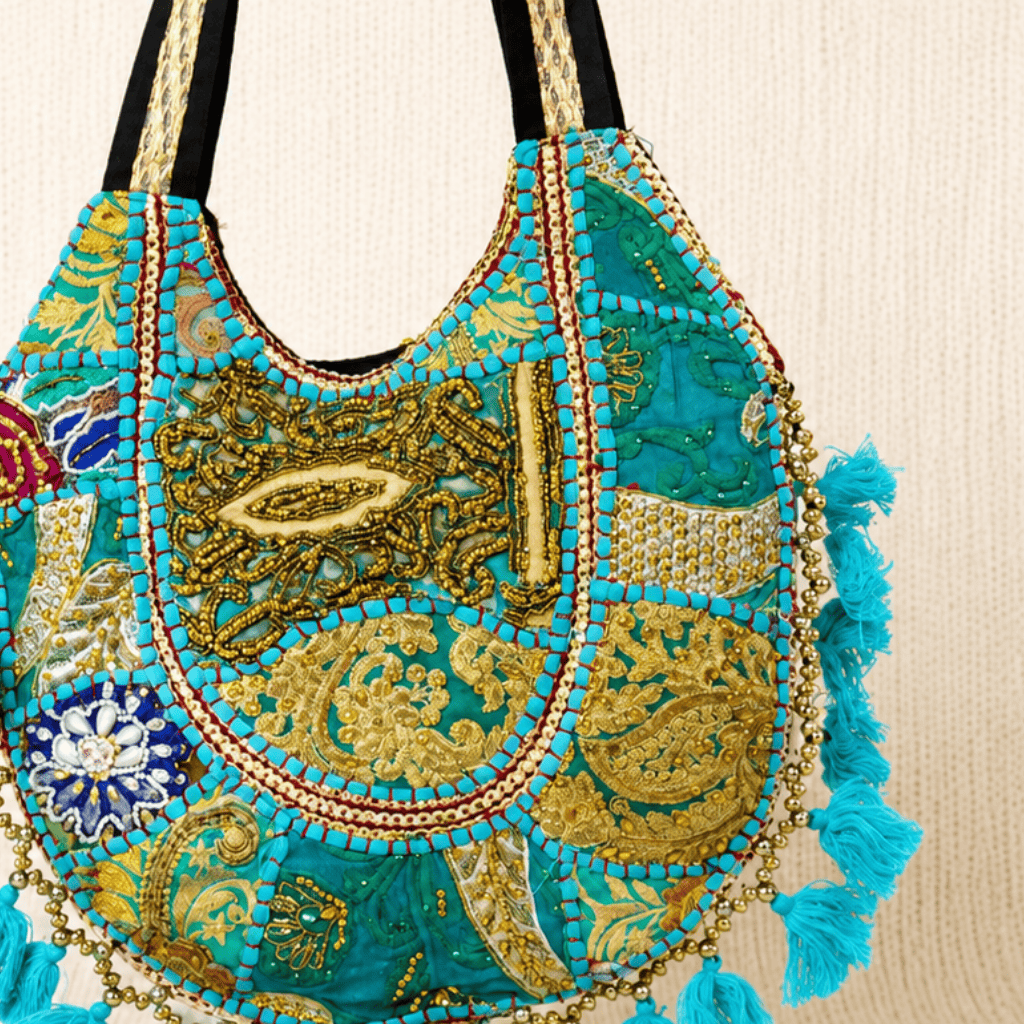 close up of  Pastel Blue Zari Embroidered Tote Bag 