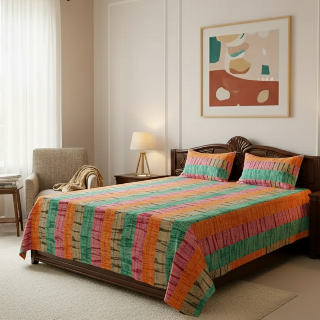 Pastel Harmony Kantha Cotton Bedsheet