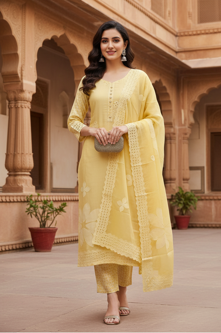 Pastel Yellow Applique 3 Pc Suit Set