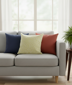Gray sofa with colorful cushions in a bright living room
