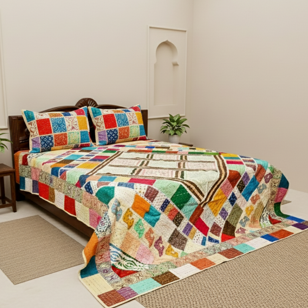 Colorful quilt with geometric pattern on a bed in a room with a plant and rug.