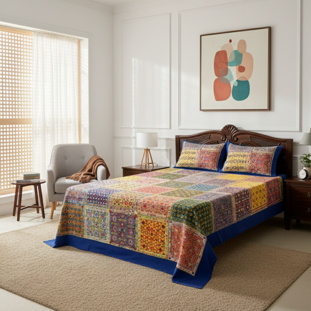 Colorful patchwork quilt on a bed in a well-lit bedroom with abstract art on the wall.