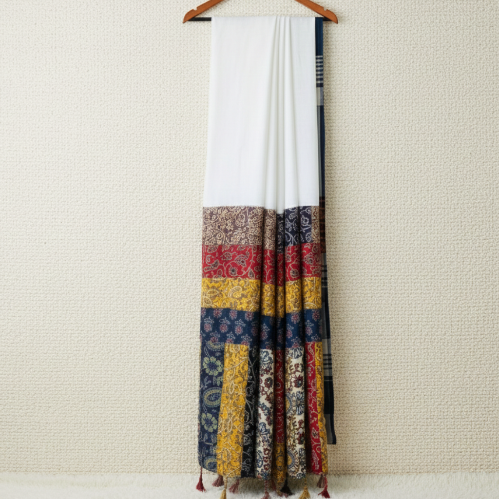 Saree with a colorful pattern on a beige wall