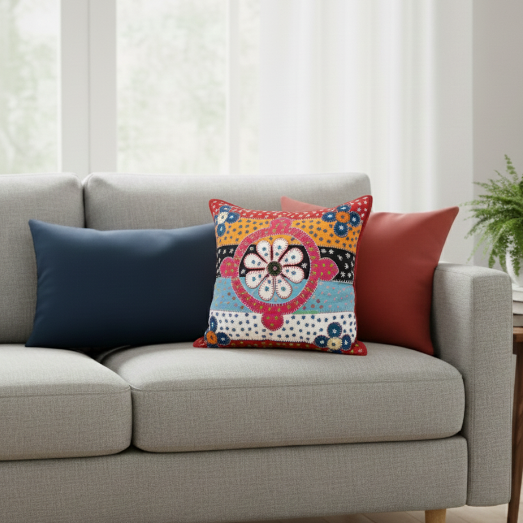 Pattern Bloom Cushion Cover with Floral Geometric Embroidery