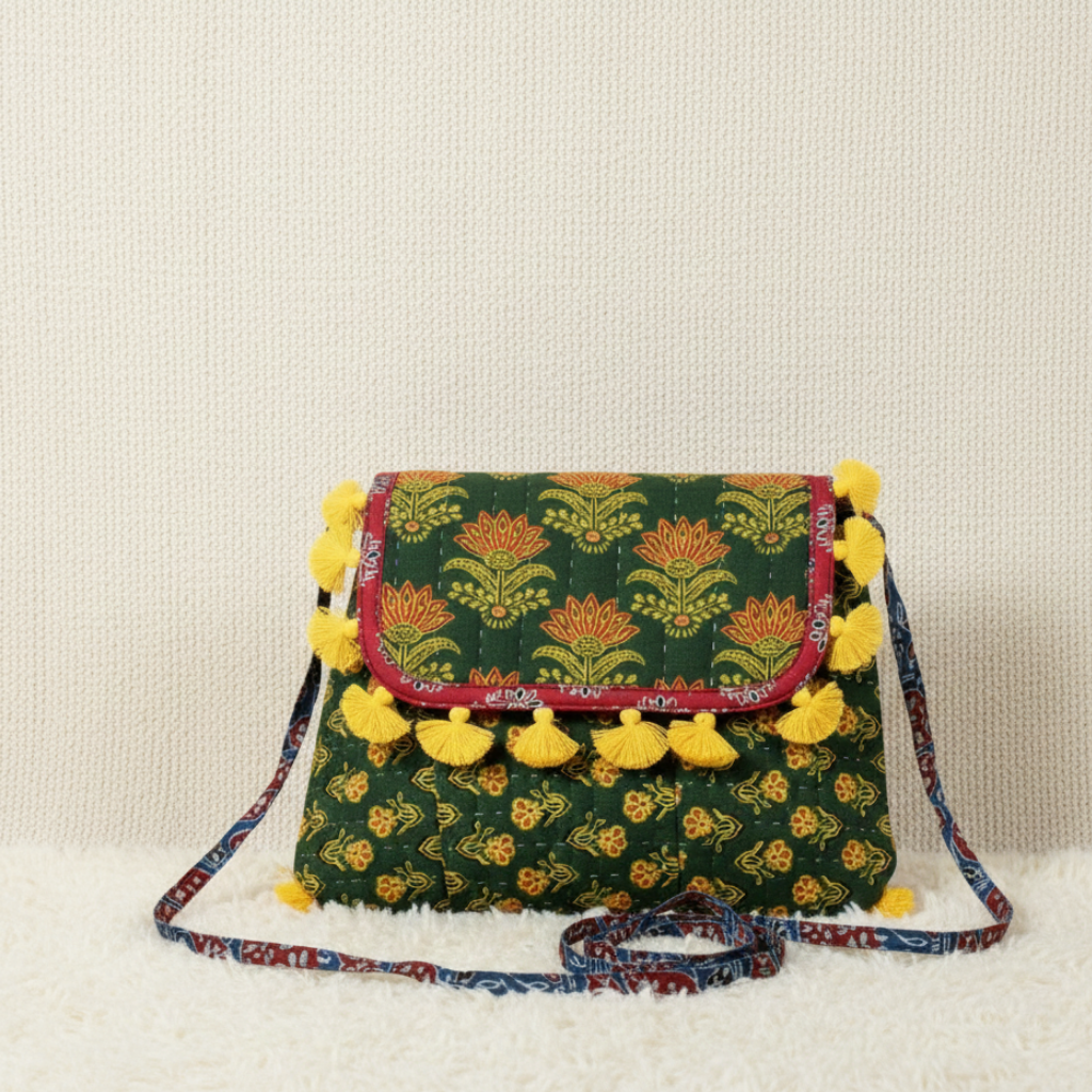 Pattern Play Cotton Bag with Printed Motifs & Tassels