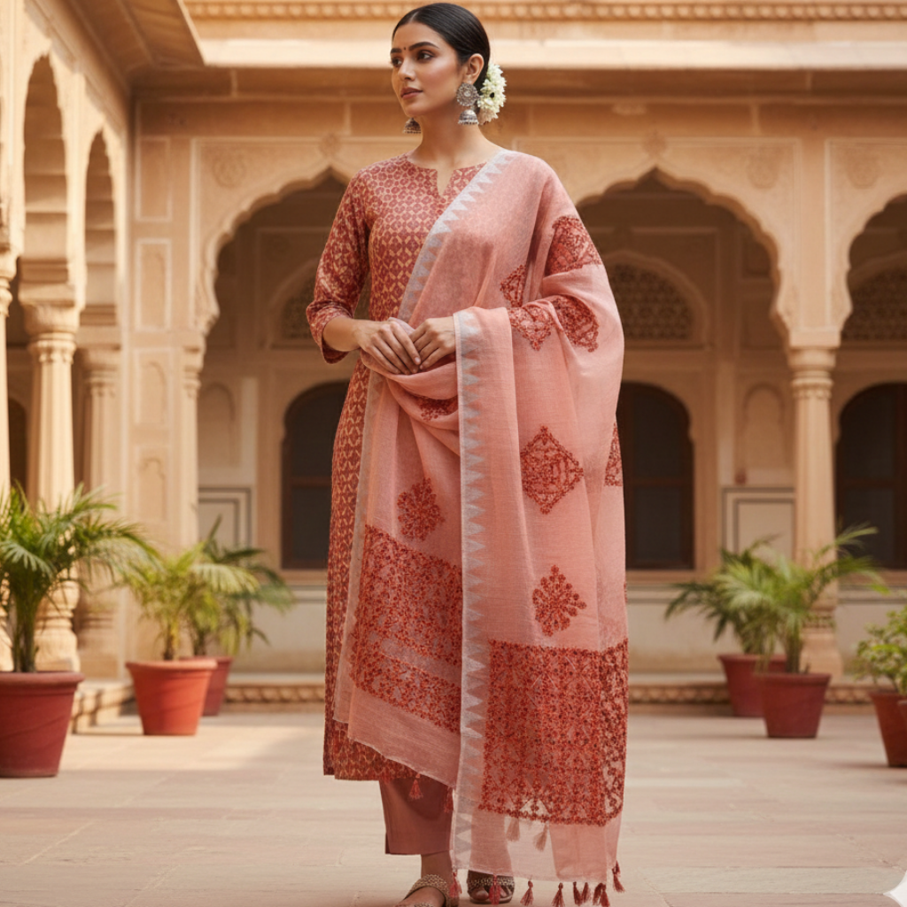 Peach Dream Applique Unstitched 2-Piece Suit Set