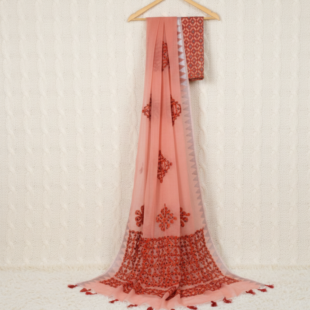 Peach Dream Applique Unstitched 2-Piece Suit Set