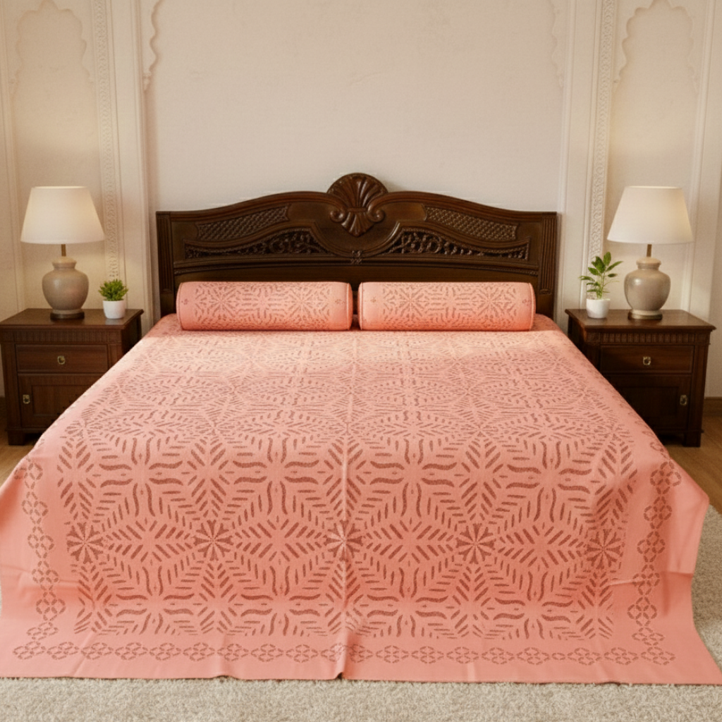 Bed with peach patterned cover and wooden headboard in a bedroom setting.