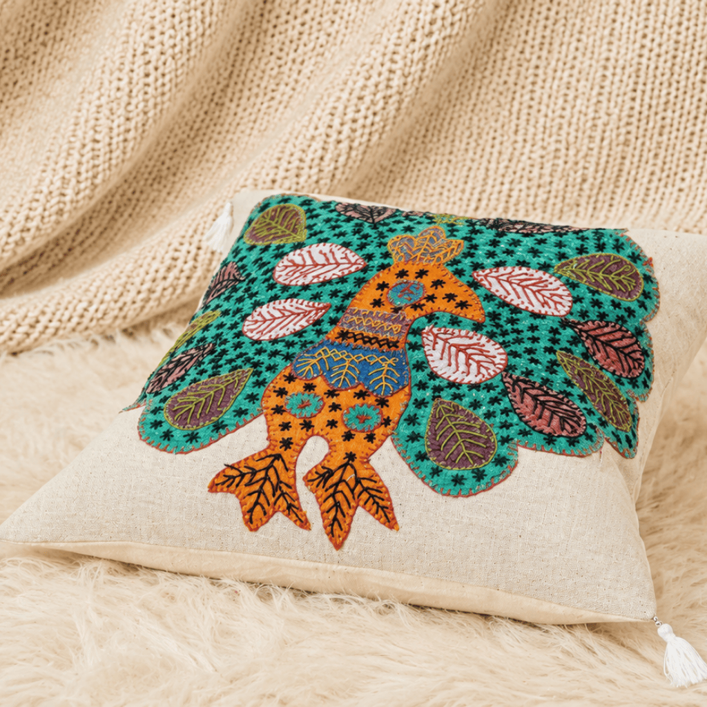 Peacock Grace Applique Cushion Cover