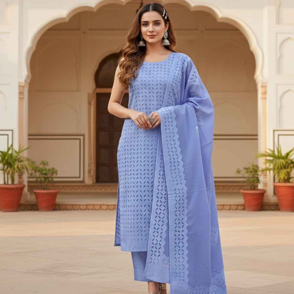 Woman in a blue traditional outfit standing in front of an archway with plants.