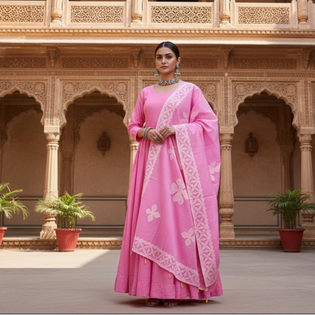 Woman in a pink traditional outfit standing in front of an ornate architectural background