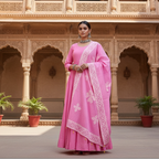 Woman in a pink traditional outfit standing in front of an ornate architectural background