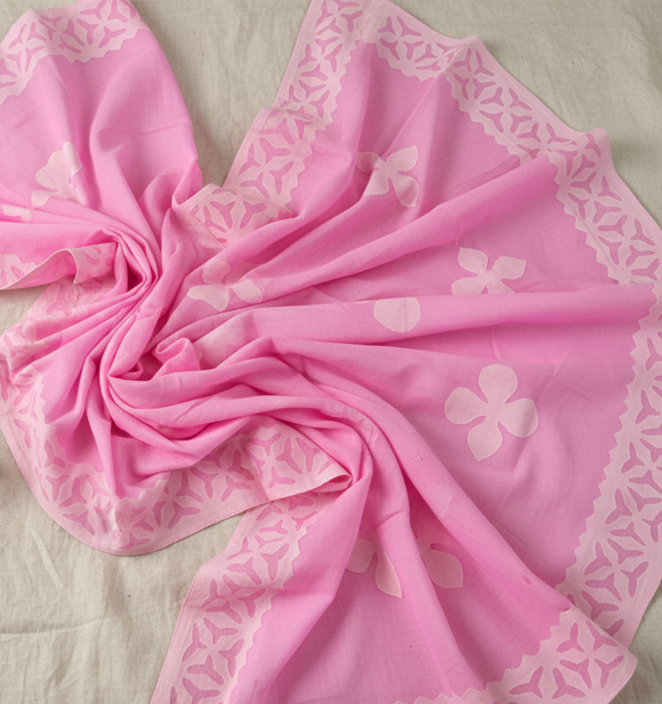 Pink fabric with floral patterns on a light background