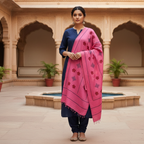 Woman wearing a pink embroidered dupatta over a blue outfit in an architectural setting.