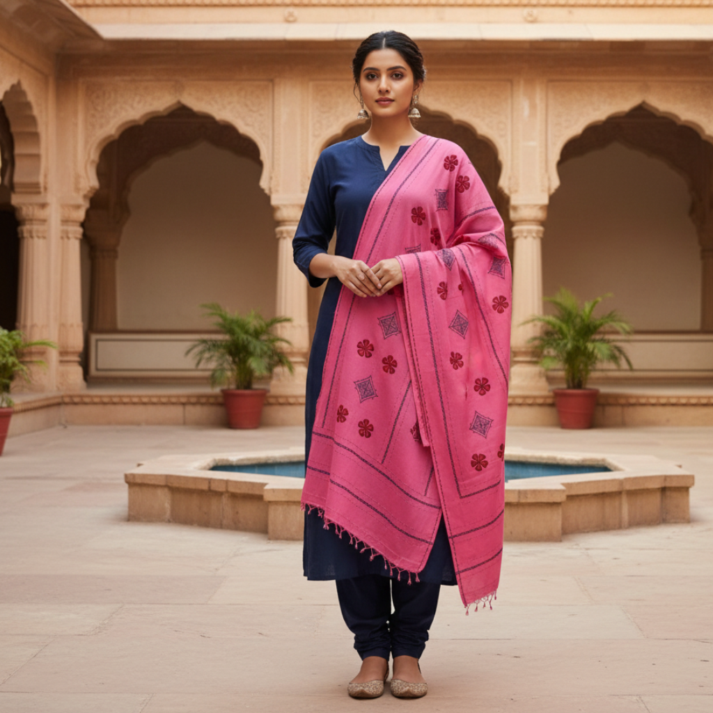 Woman wearing a pink embroidered dupatta over a blue outfit in an architectural setting.
