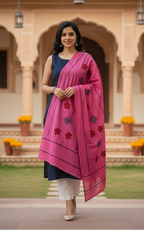 Woman wearing a pink embroidered dupatta in an outdoor setting with arches and flowers.