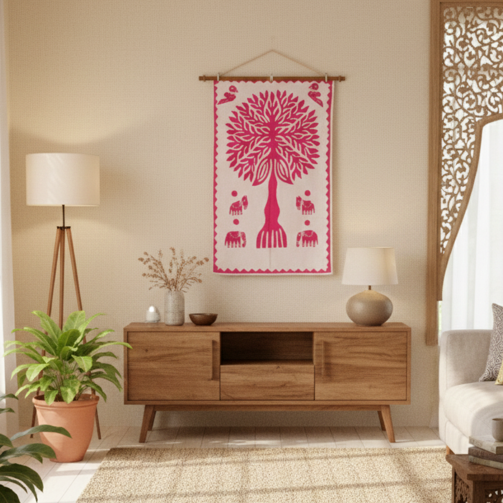 decorative pink applique tree and animal motif wall tapestry in a home setting