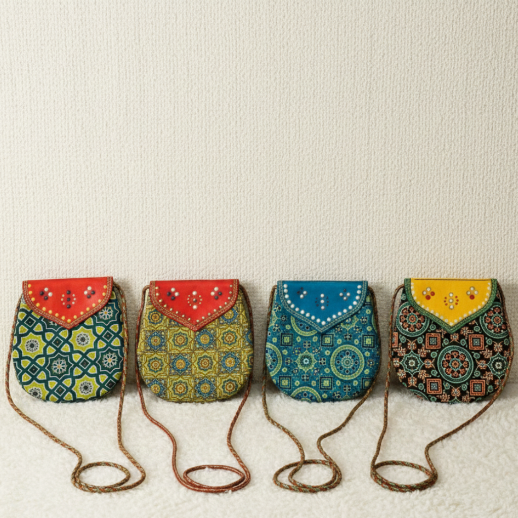 Four colorful handbags with patterned designs on a beige background