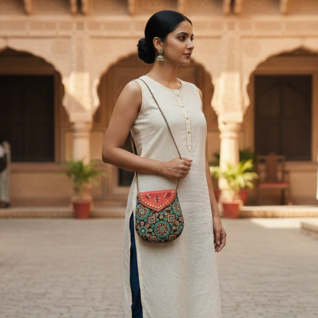 Woman in a white dress holding a colorful patterned bag in front of an architectural background