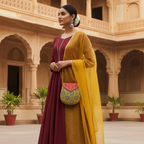 Woman in traditional maroon and yellow outfit carrying a yellow ajrakh print small sling standing in an architectural setting