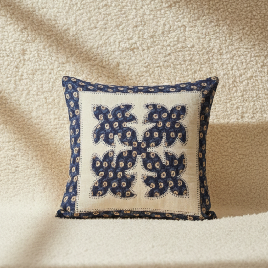 applique cushion cover with blue floral patterns on a beige background