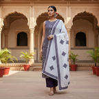 Woman in a traditional outfit standing in an ornate courtyard with arches and plants.