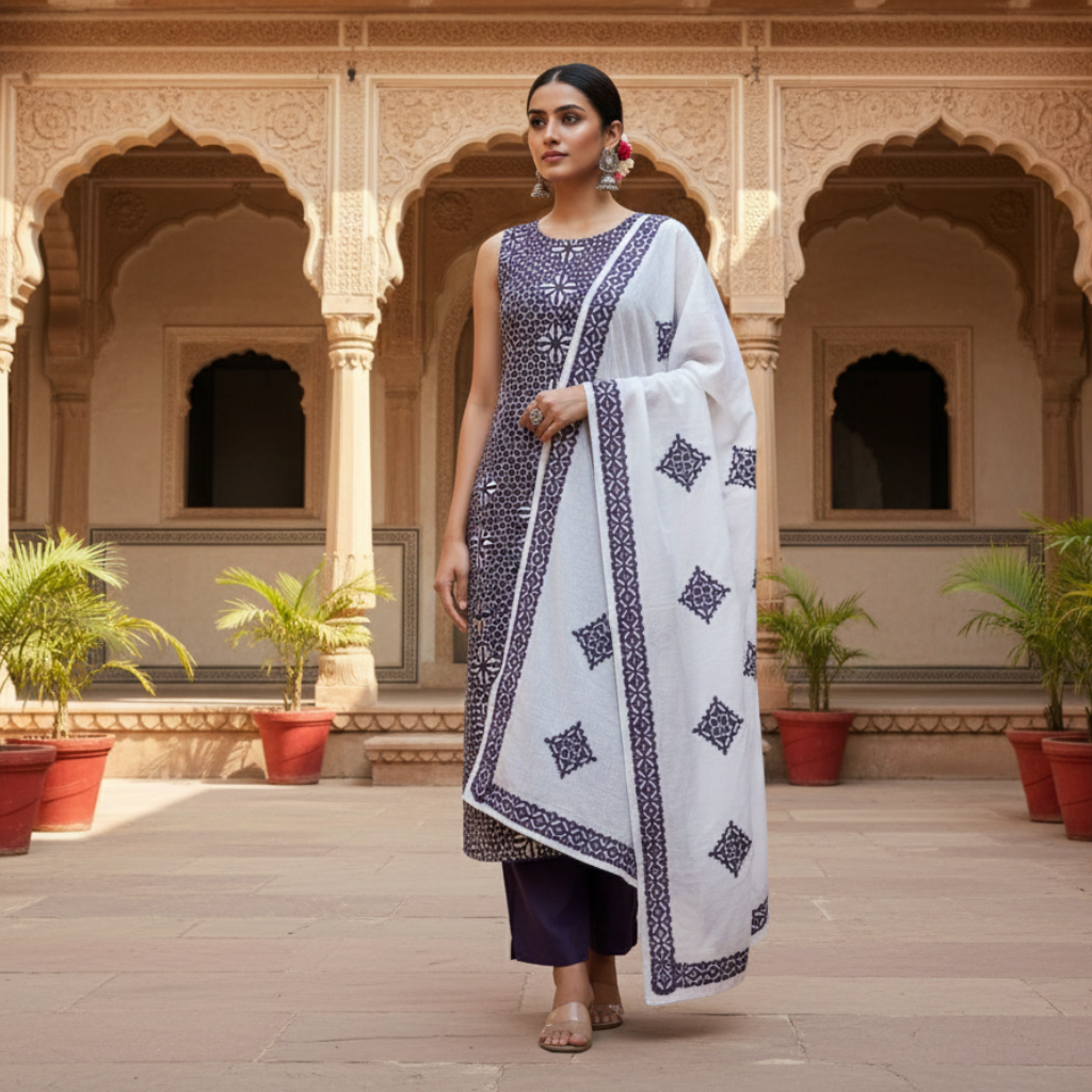 Woman in a traditional outfit standing in an ornate courtyard with arches and plants.