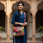 Woman holding a colorful patterned bag in an architectural setting