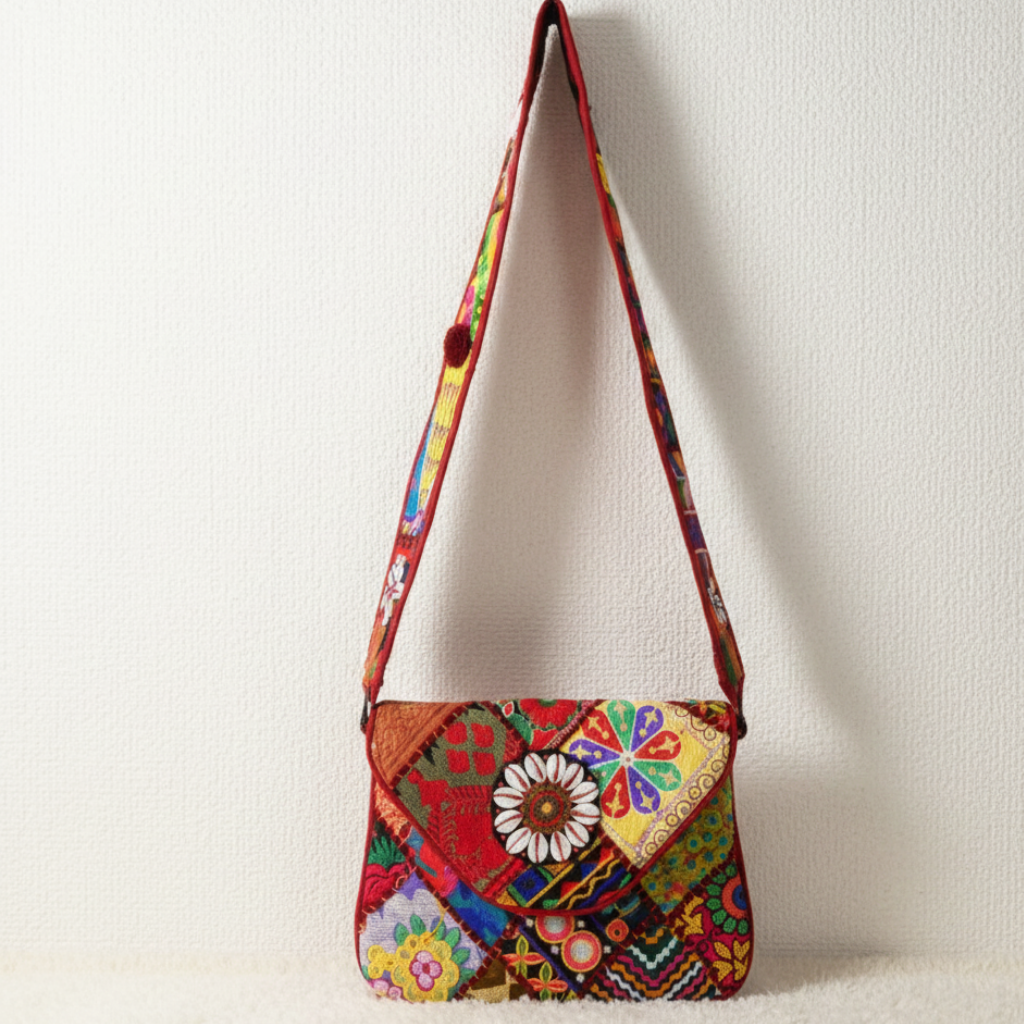 Colorful patterned handbag with a floral design on a white background