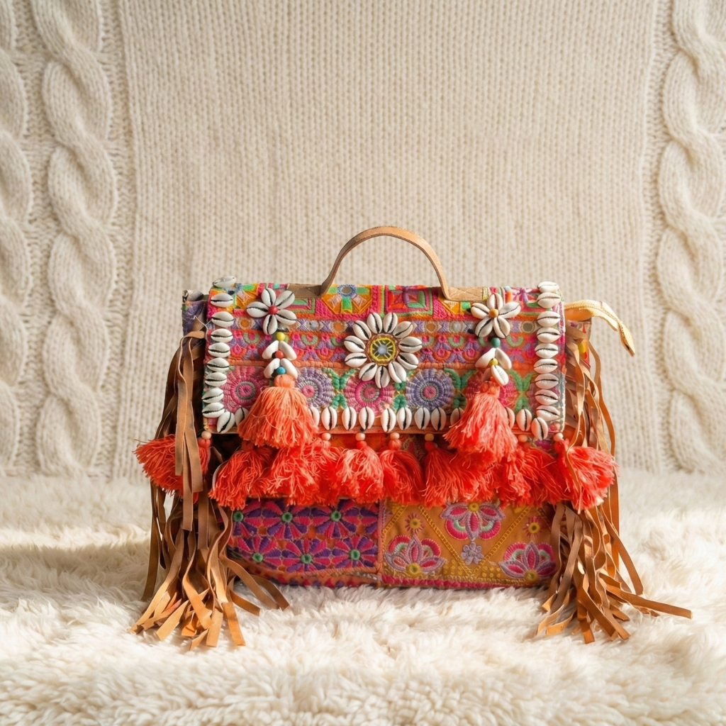 Colorful banjara handbag with floral patterns and tassels on a textured surface