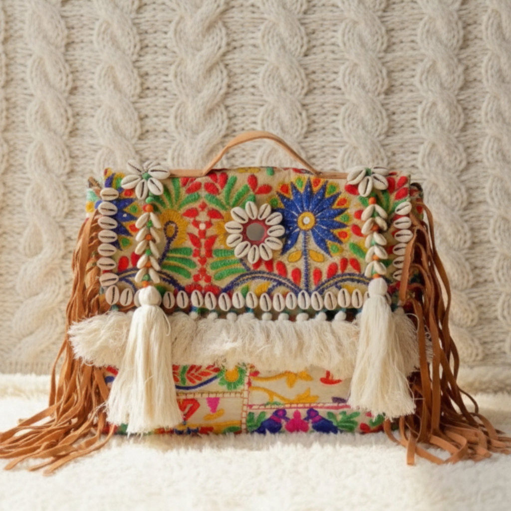 Colorful embroidered handbag with tassels on a textured surface