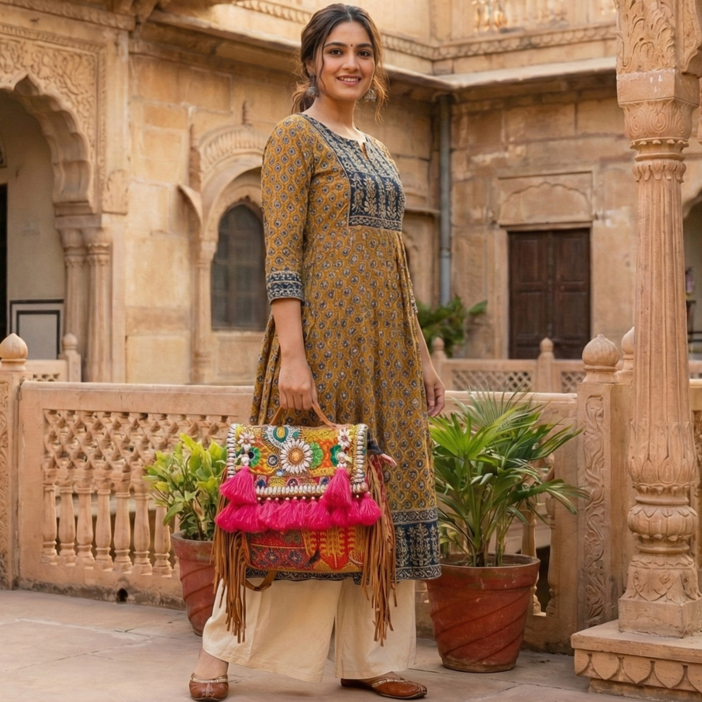 Woman in traditional outfit holding a colorful handbag in an architectural setting