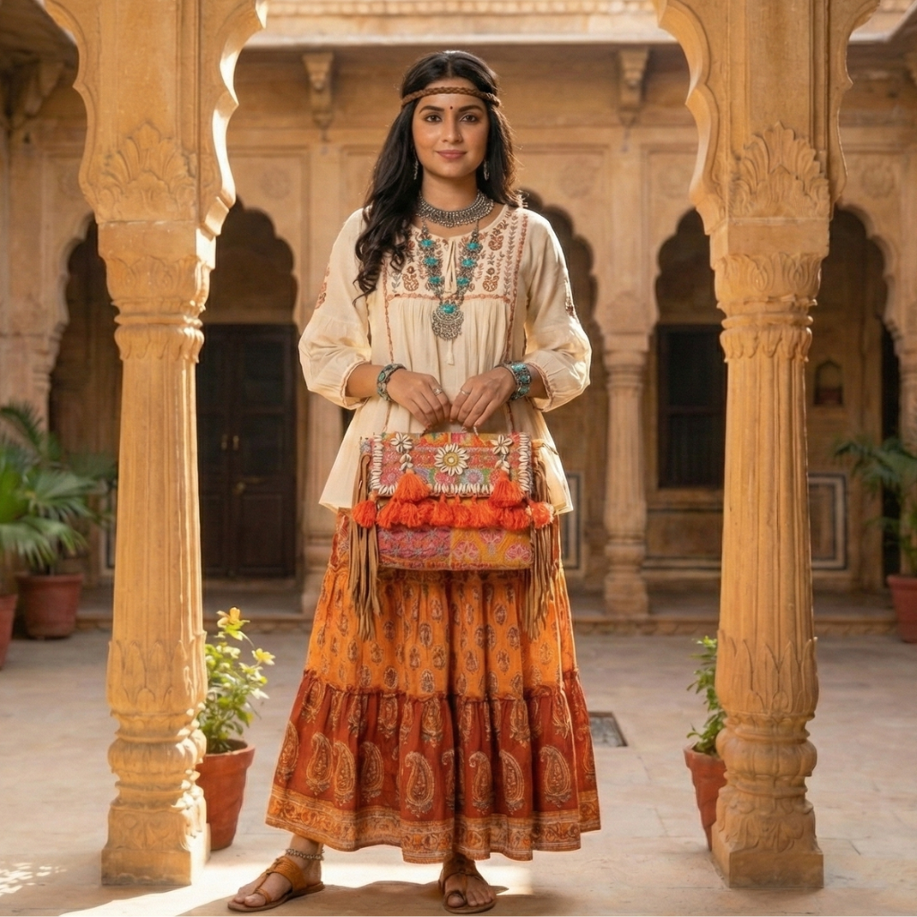 Woman in traditional attire holding a colorful bag in an ornate architectural setting
